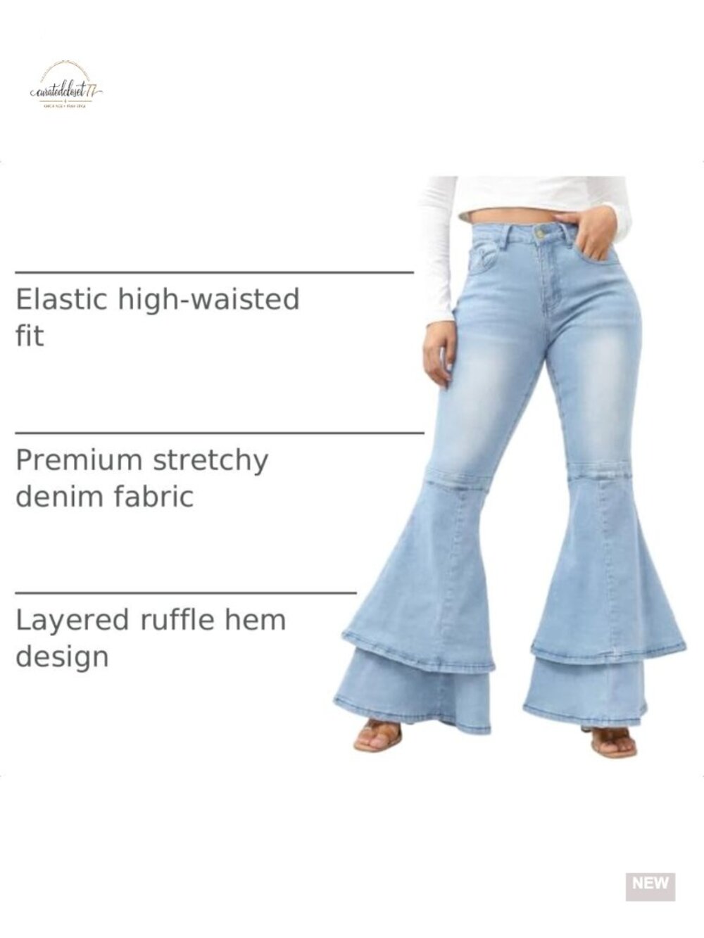 Stretch Ruffle Layered Hem Flared Bell Bottom Jeans - Picture 3 of 6